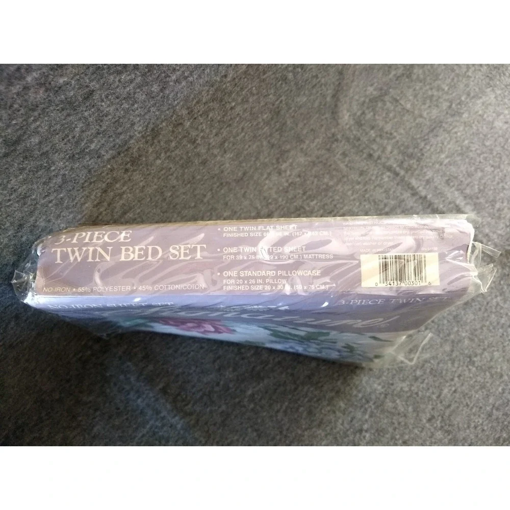 Signature Twin Sheet Set 3Pc Hydrangea‎ Floral Blue Purple Green No Iron NEW NOS